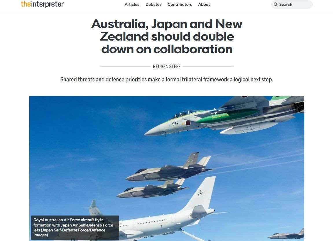 澳洲「羅伊國際政策研究院」網站16日刊登一篇史提夫的評論文章，標題為「澳、日、紐應加倍合作」。