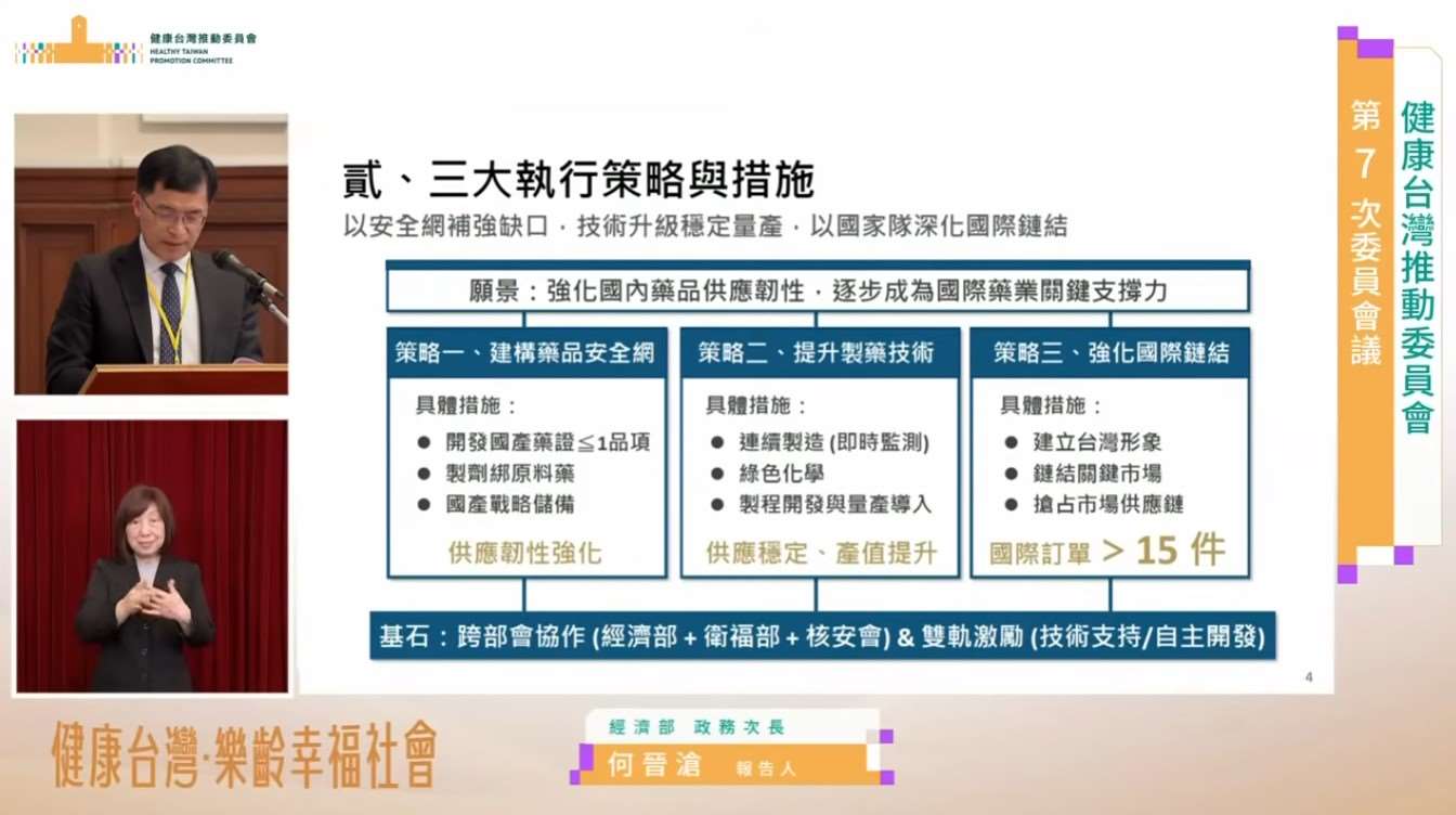 經濟部報告「國家藥物韌性整備計畫」，將透過建構藥品安全網、提升製藥技術，以國家隊深化國際鏈結等三大執行策略，帶動台灣藥業產值。(總統府提供)