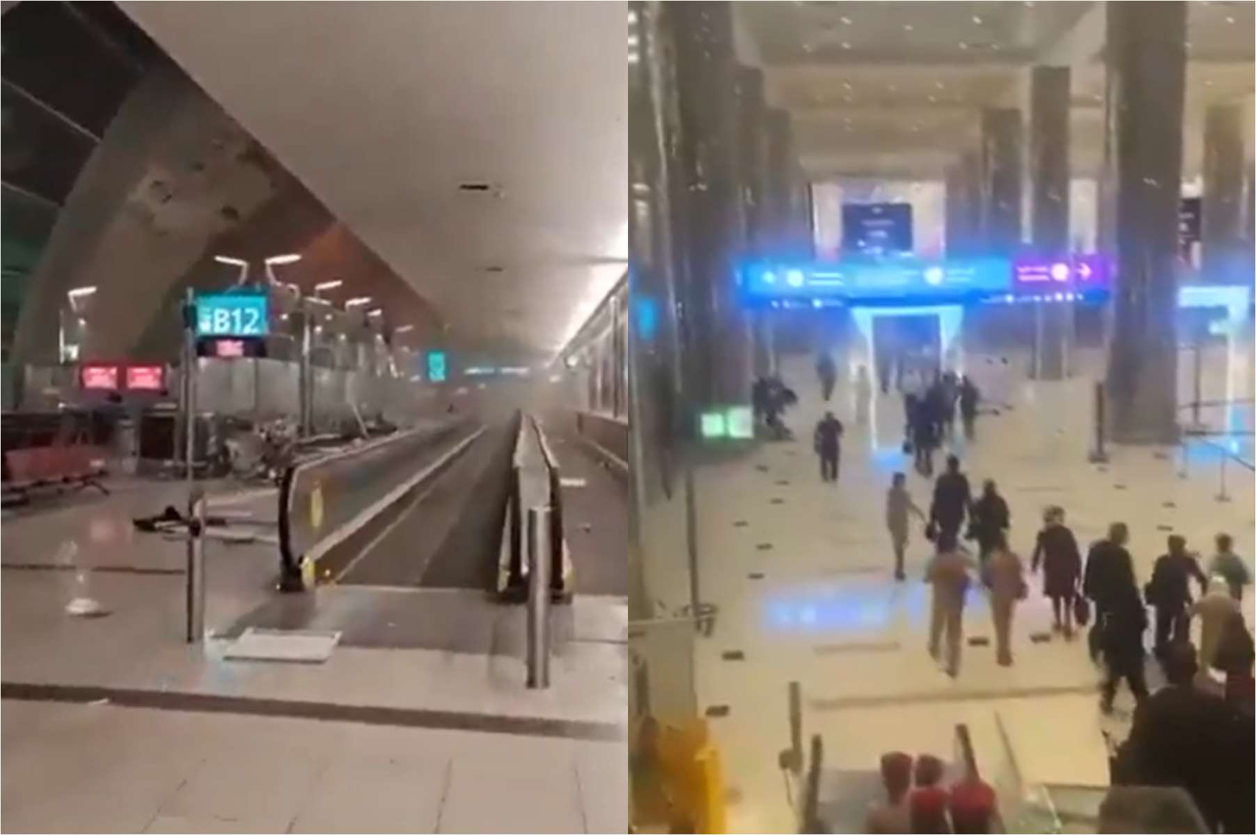 中東繁忙的杜拜國際機場(DXB)的候機大廳遭到伊朗攻擊後，可見滿地碎片(左)，機場方面緊急疏散人員(右)。(X平台)