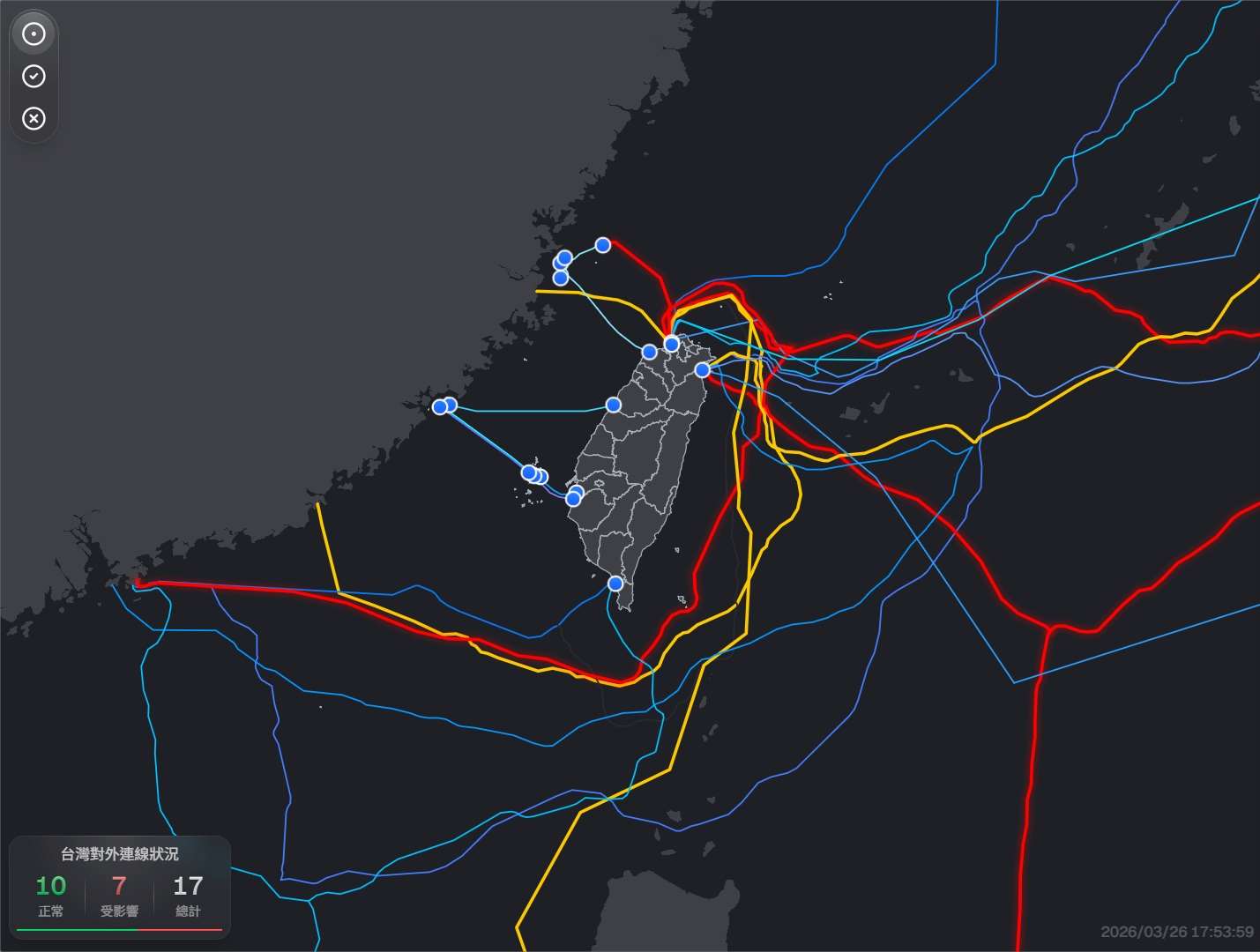 台灣四面環海，因此相當仰賴「海底電纜」與全球相連，如果斷線將嚴重影響國內外的網路服務。(圖翻攝台灣海纜動態地圖)