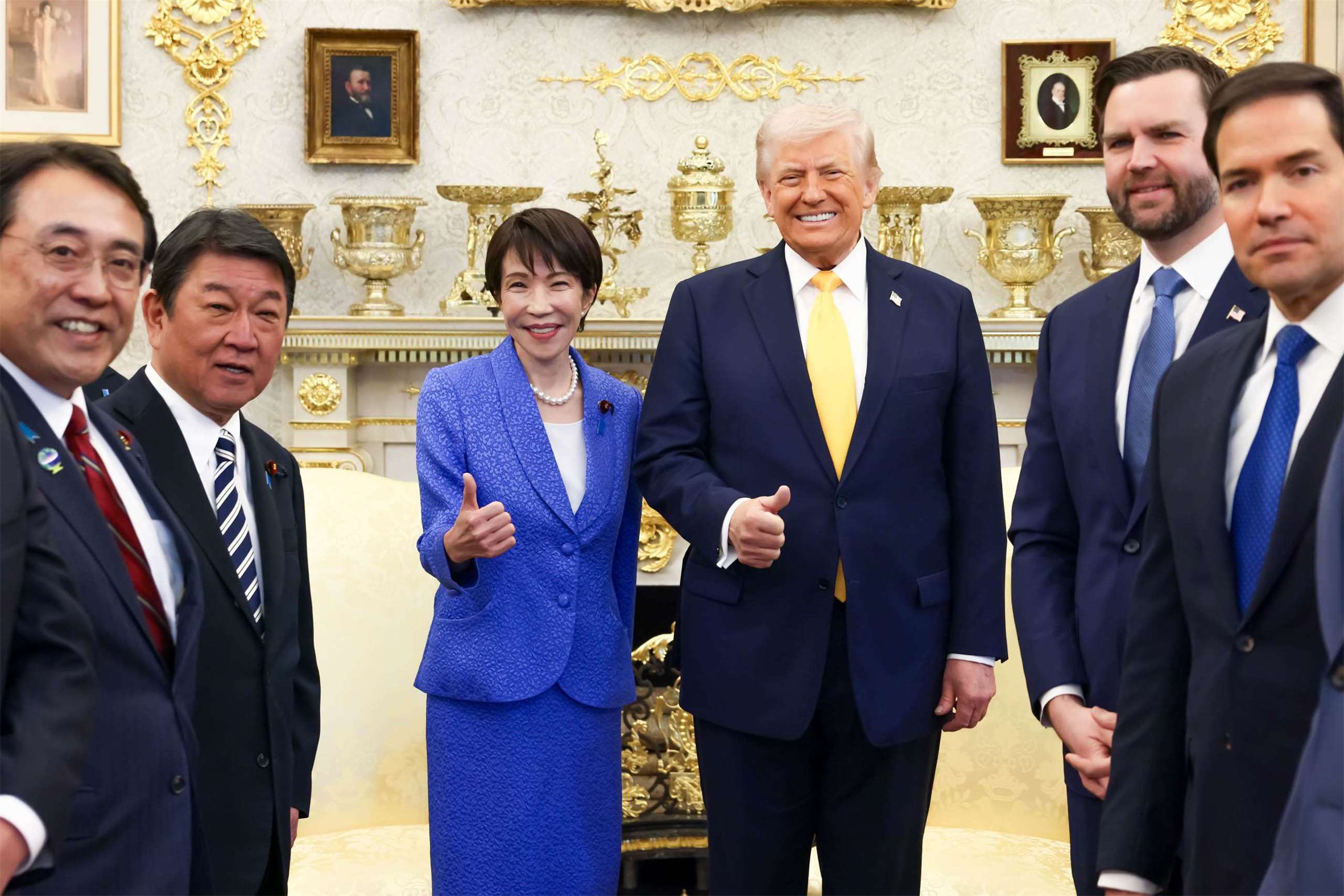 美國總統川普(右3)19日在白宮會見來訪的日本首相高市早苗(左3)。(X@高市早苗)
