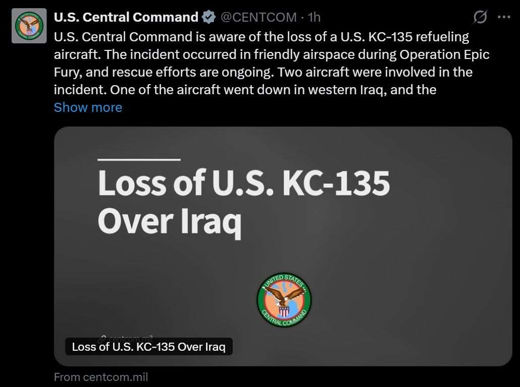 美軍：美國1架空中加油機在伊拉克西部墜毀。 (圖:X@CENTCOM)