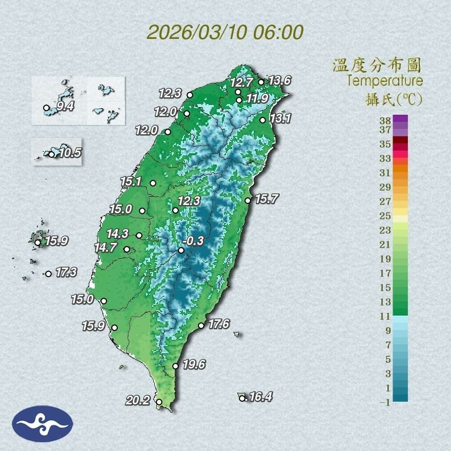 氣象署指出，10日受冷氣團影響，中部以北、東北部及東部天氣寒冷，其他地區早晚也冷，中部以北及東北部低溫攝氏12到14度，其他地區15到17度。(翻攝氣象署官網)