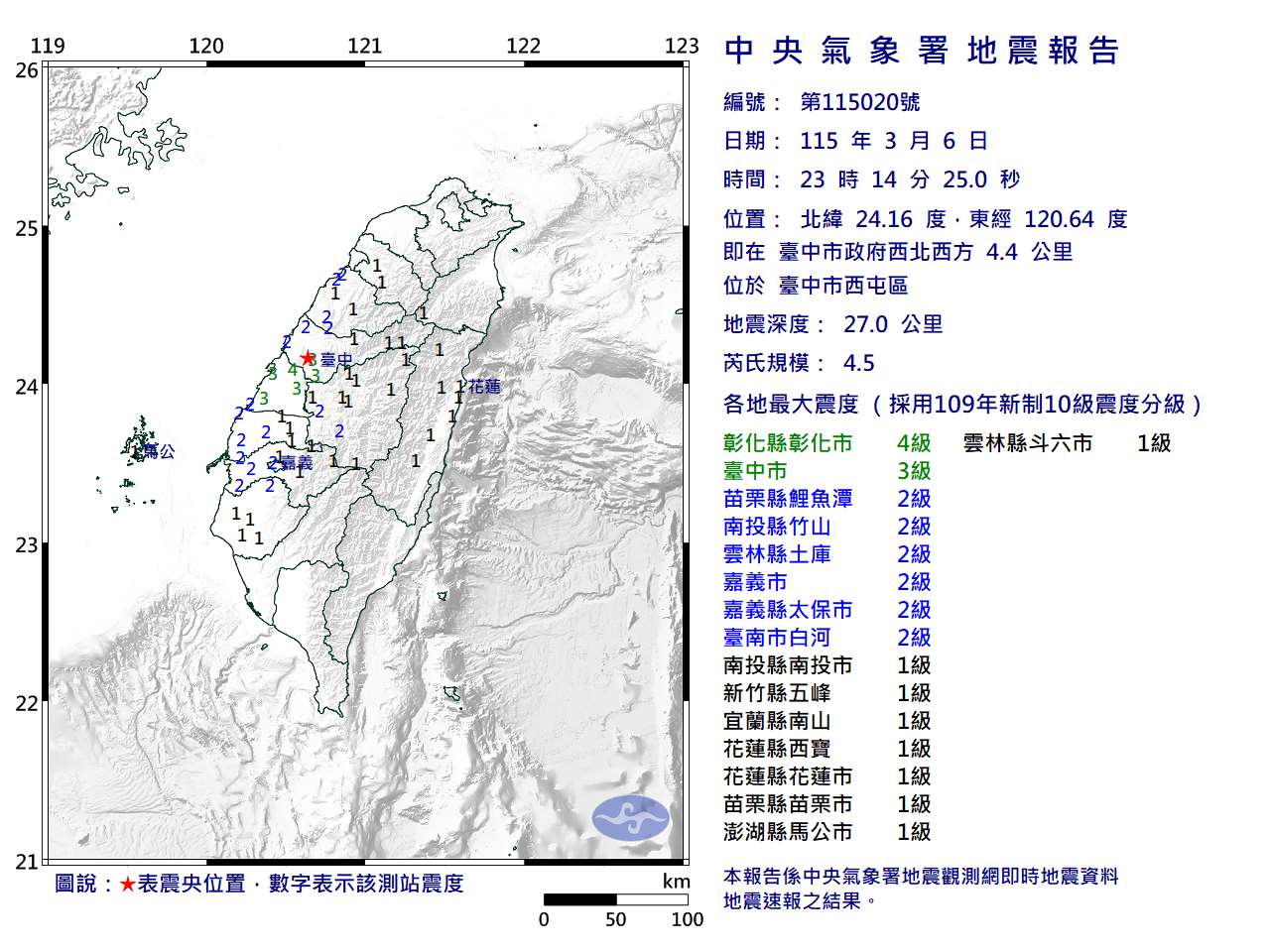 台中地區6日晚間發生芮氏規模4.5地震。(圖:中央氣象署)