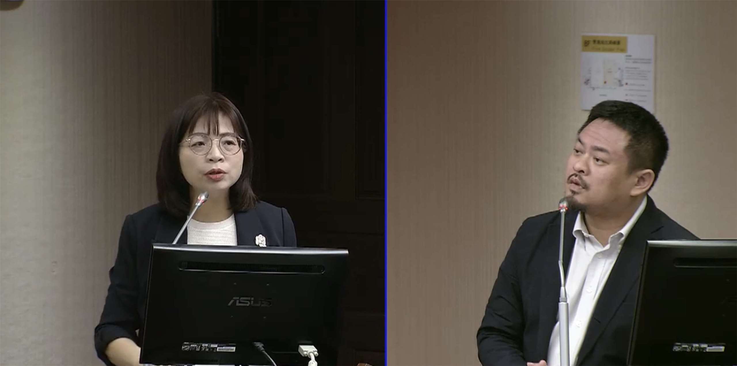 政府推出「外籍幫傭新制」，開放家有未滿12歲兒童的家庭可申請聘僱外籍看護，立委林淑芬(左)26日於立法院社福衛環委員會針對政府推出「外籍幫傭新制」，質詢勞動部長洪申翰(右)。(圖擷自國會頻道)