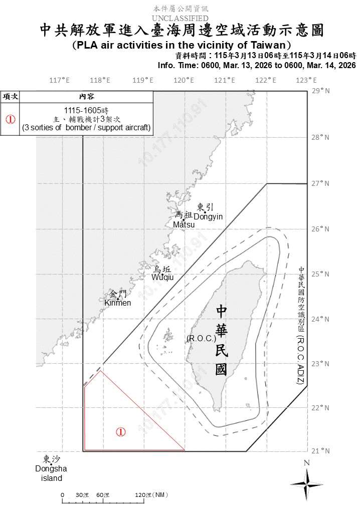 國防部公布自昨天(13日)上午6時至今天(14日)上午6時，共軍在台海周邊活動情況。(國防部提供)