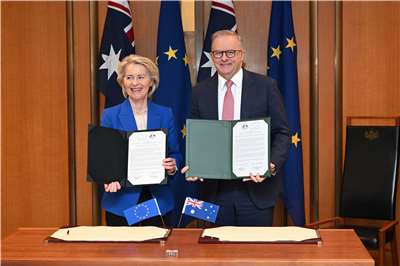 歐盟執委會主席范德賴恩(Ursula von der Leyen)(左)和澳洲總理艾班尼斯(Anthony Albanese)24日代表雙方，簽署一項貿易協議。