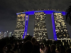 新加坡多數電力主要依賴進口天然氣，近年積極發展太陽能等再生能源。圖為新加坡金沙酒店夜景、燈火通明。