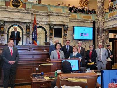 駐休士頓辦事處處長蕭伊芳3月18日赴美國密西西比州議會演說，感謝密州長期友台。（駐休士頓辦事處提供）