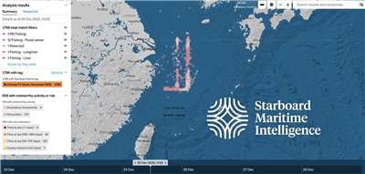 海事情報公司透過監測船隻定位資料顯示，中國漁船於去年底在東海大規模進行陣列式聚集。（圖取自x.com/StarboardIntel）