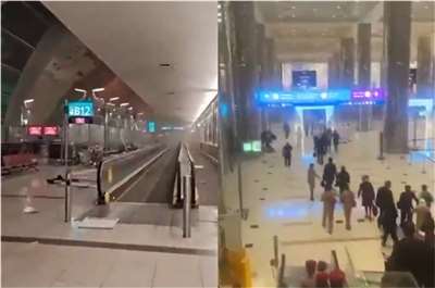 中東繁忙的杜拜國際機場(DXB)的候機大廳遭到伊朗攻擊後，可見滿地碎片(左)，機場方面緊急疏散人員(右)。(X平台)