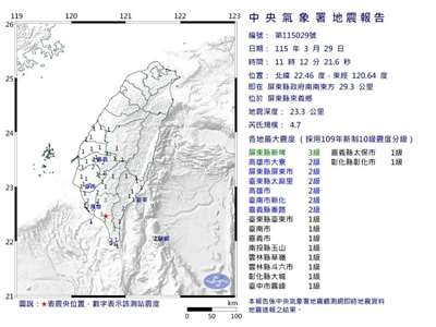 屏東縣來義鄉29日上午11時12分發生芮氏規模4.7地震。（圖：氣象署）