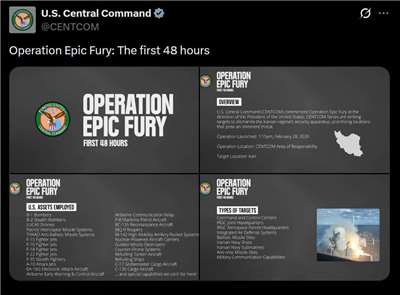 美軍公布史詩怒行動48個小時內戰況。 (圖:X@CENTCOM)