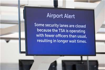 美國喬治布希休士頓洲際機場(George Bush Intercontinental Airport)的告示顥示，由於輸安全局(Transportation Security Administration, TSA)員工缺勤，過安檢需要更長時間等候。 (AFP)