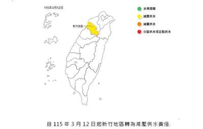 經濟部水利署今天(12日)召開水情會議，為確保5月底前公共用水無虞，經與會單位研商評估後，決定將新竹水情燈號，自即日起由代表「提醒」的綠燈轉為「減壓供水」黃燈。(圖 : 經濟部水利署)