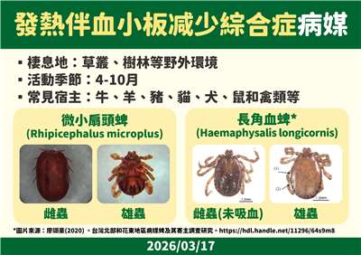 疾管署17日公布國內新增1例發熱伴血小板減少綜合症(SFTS)病例。(疾管署提供)