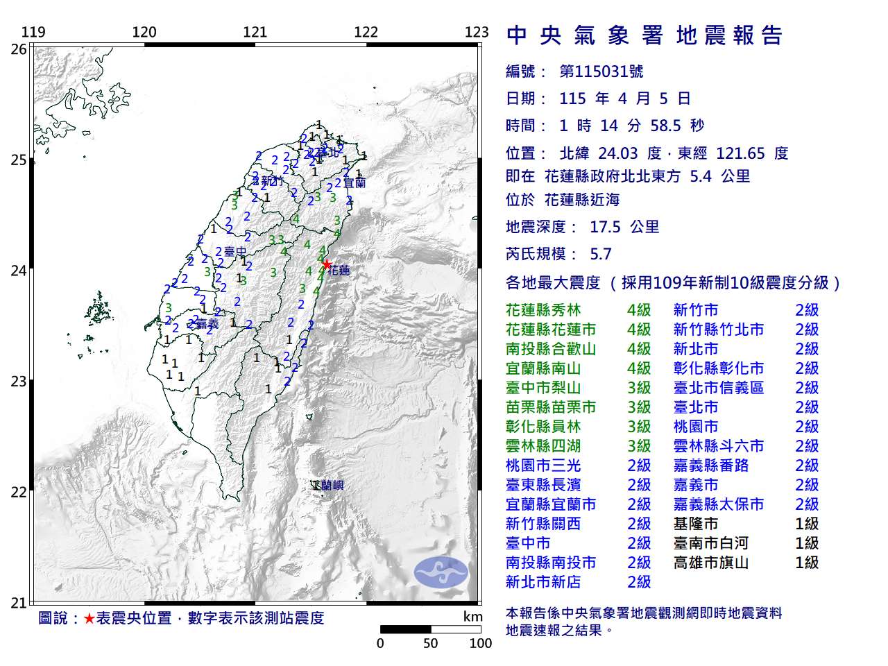 5日1時14分發生芮氏規模5.7地震，地震深度17.5公里，震央位於花蓮縣政府北北東方5.4公里(位於花蓮縣近海)。(圖：氣象署)