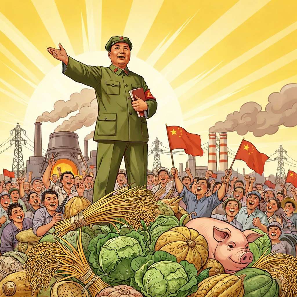 毛澤東的舉國體制「大躍進」運動，最後人民得到的不是豐衣足食而是生靈塗炭。圖：AI生成