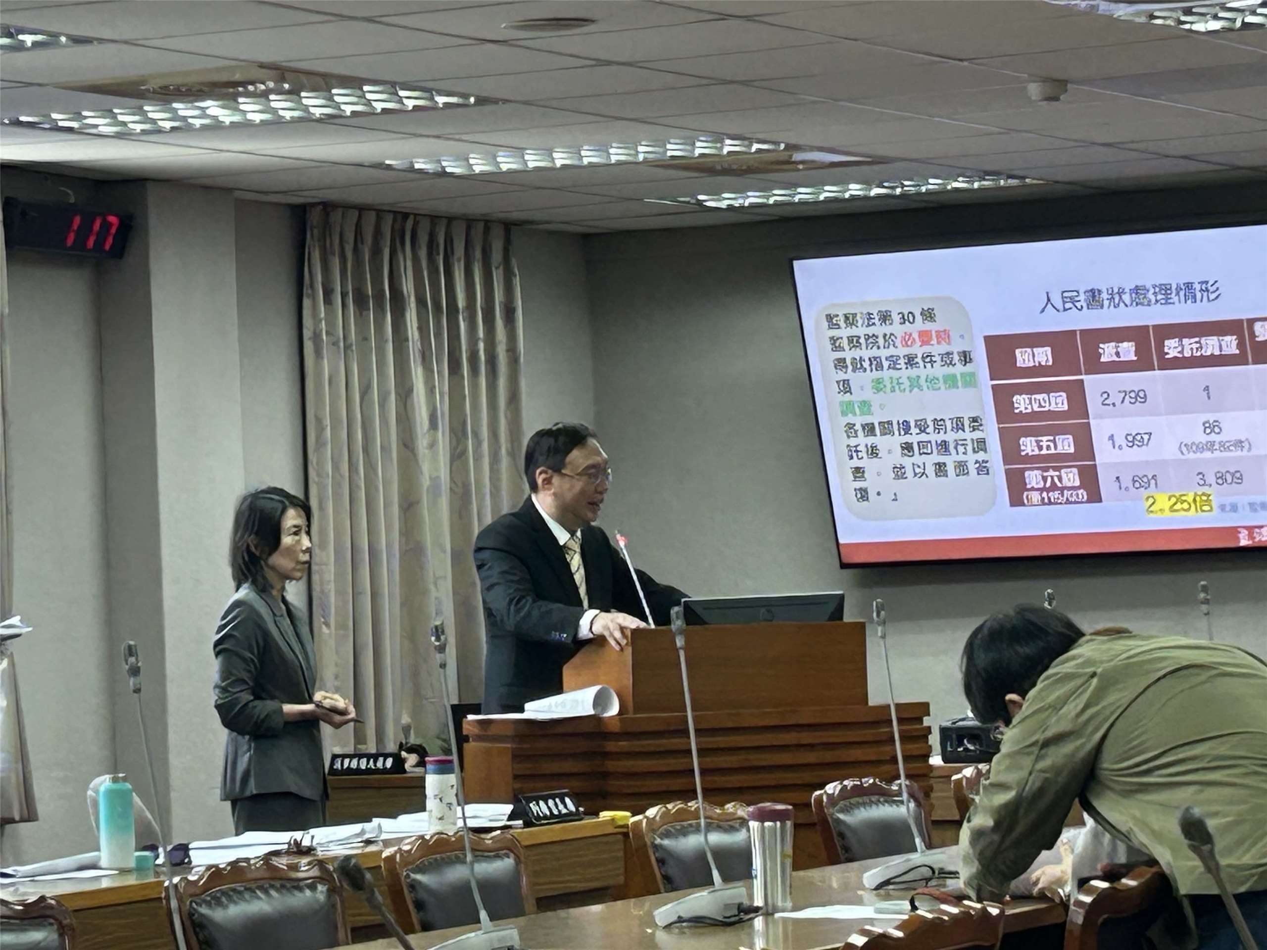 立法院司法及法制委員會審查今年度監察院預算，邀請監察院秘書長黃適卓(後右)、副秘書長王增華(後左)列席備詢。(趙婉淳 攝)