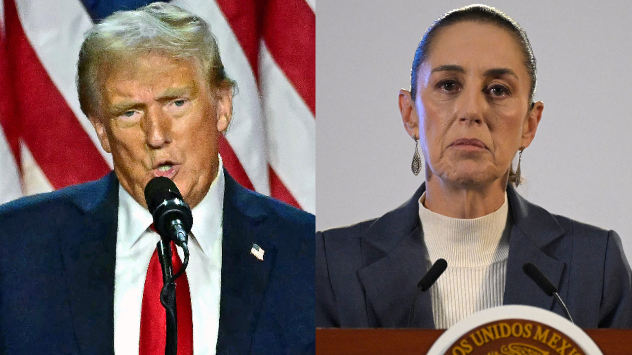 美國總統川普(Donald Trump,左)出席白宮晚宴驚魂，墨西哥總統薛恩鮑姆(Claudia Sheinbaum,右)隨即貼文向川普夫婦致意。資料合成照。(AFP)