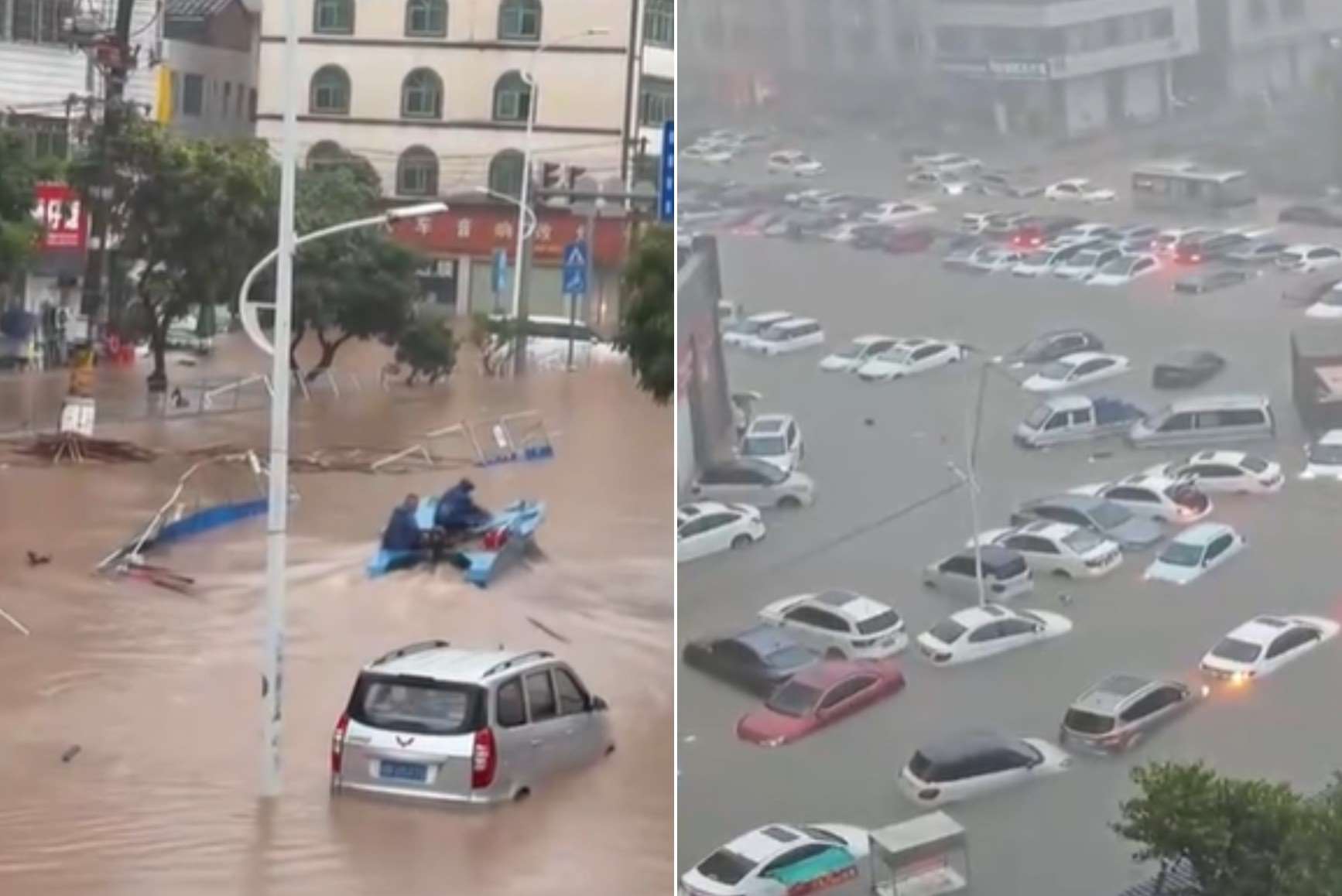 中國廣西欽州市24小時降雨量高達323.4毫米，相當於下了約58個西湖的水量，極端降雨造成市區嚴重淹水。(圖取自Bilibili)