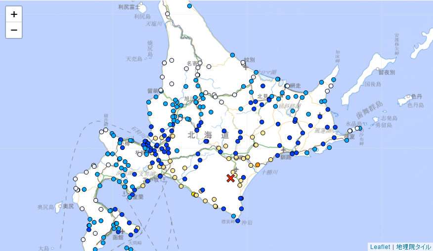 日本氣象廳報導，北海道27日清晨5點23分左右發生規模6.1地震，深度約80公里。(翻攝日本氣象廳官網)
