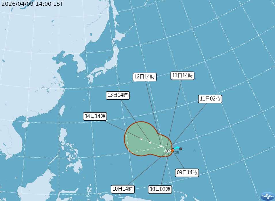 氣象署表示，目前位於關島東南方海面的熱帶性低氣壓，最快9日晚間至10日就有機會增強為今年第4號颱風辛樂克。(圖：中央氣象署)