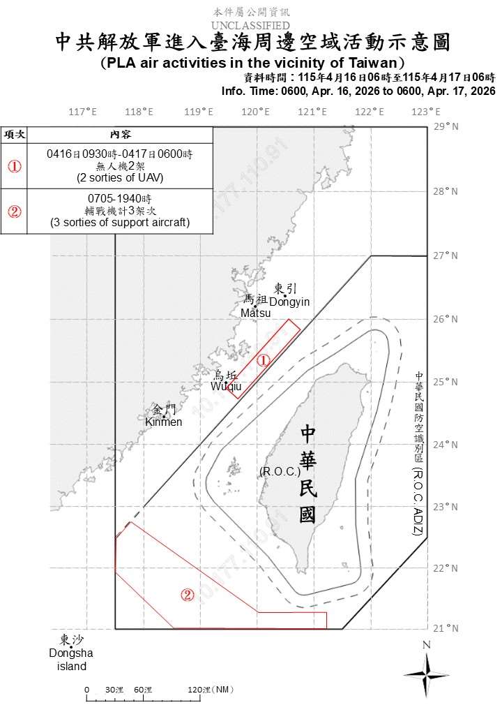 國防部表示，自16日上午6時至17日上午6時，偵獲中共11機艦船持續在台海周邊活動，國軍嚴密監控與應處。(國防部提供)