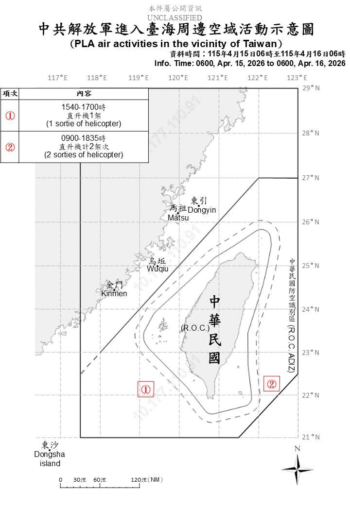 國防部16日上午公布共機艦動態，統計自15日上午6時起至16日上午6時止，偵獲6艘共艦、3艘公務船，以及3架共機進入西南及東部空域。(圖:國防部)