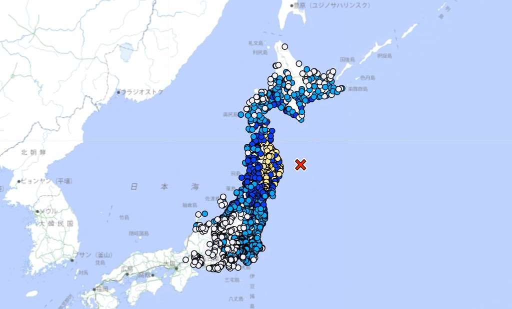 日本北部20日下午發生規模7.4強震。（日本氣象廳官網）