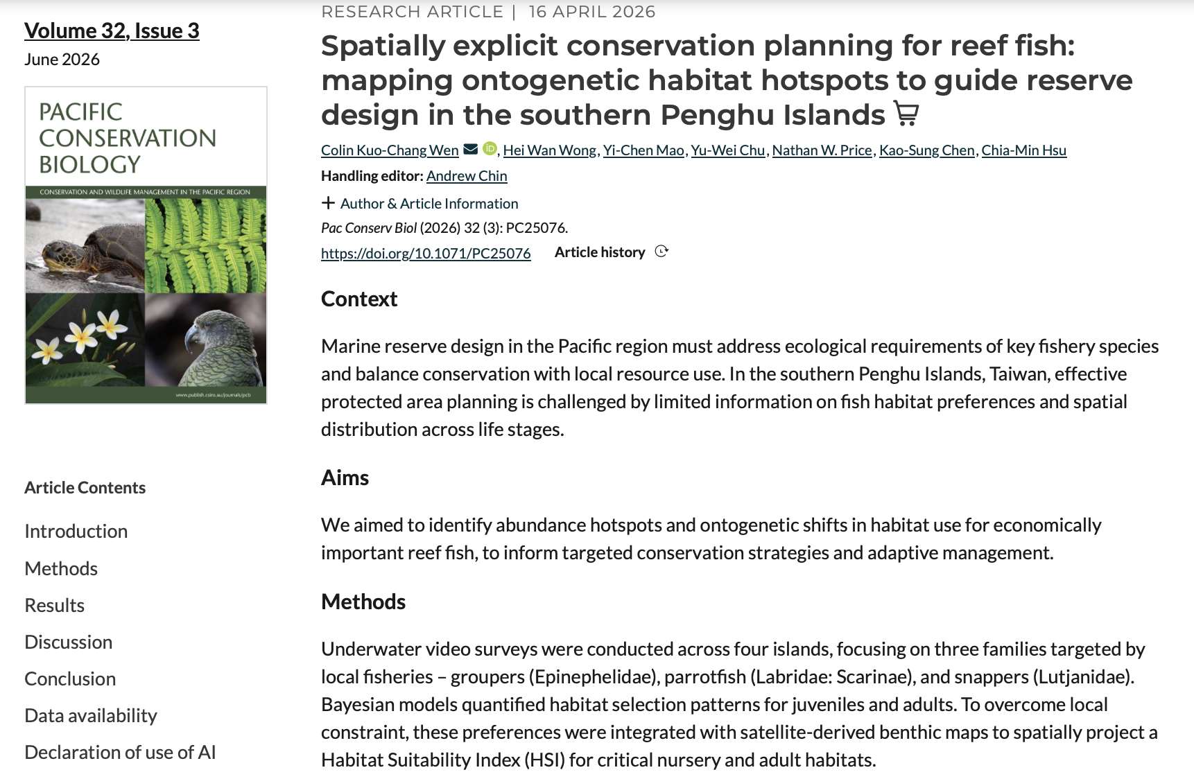以東海大學生命科學系教授溫國彰為首的研究團隊與農業部水產試驗所的合作研究結果在澳洲時間16日正式發表於國際期刊《太平洋保育生物學(Pacific Conservation Biology)》。(圖擷自ConnectSci官網)