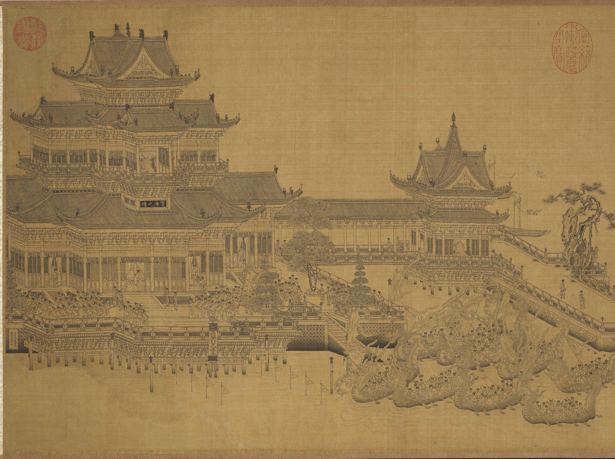 故宮北院推出全新特展「獨騷－楚辭文化意象與龍舟」，展出元代王振鵬〈寶津競渡圖〉，將當時龍舟競渡場面描繪地相當活靈活現。(故宮提供)