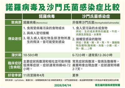 諾羅病毒及沙門氏菌感染症比較。(疾管署提供)