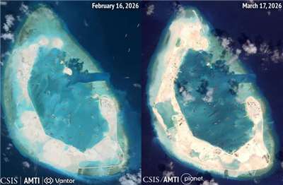 華府智庫戰略暨國際研究中心(CSIS)旗下「亞洲海事透明倡議」(AMTI)2026年公布西沙群島中的羚羊礁衛星影像。(圖取自www.amti.csis.org)