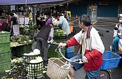 主計總處公布第1季消費者物價指數(CPI)年增率1.23%，低於原預測數1.38%。圖為新北市板橋區民眾駐足觀看一處攤位的菜價。資料照片。