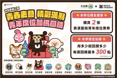 文化幣第二季代言人「啤下組織」接棒，4-6月使用文化幣購買青年席位，最高300點回饋。(文化部提供)