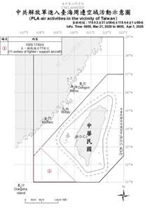 國防部公布自3月31 日上午6時起至4月1日上午6時止，共軍在台海周邊活動情況。(國防部提供)