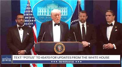 美國總統川普(Donald Trump)25日晚間緊急撤離白宮記者協會晚宴(White House Correspondents' Dinner)後在白宮舉行記者會。(翻攝YT/@WhiteHouse)