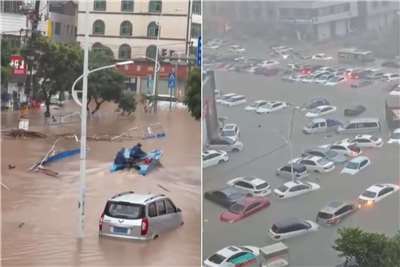 中國廣西欽州市24小時降雨量高達323.4毫米，相當於下了約58個西湖的水量，極端降雨造成市區嚴重淹水。(圖取自Bilibili)