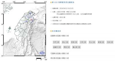 宜蘭縣政府南南西方34.2公里(位於宜蘭縣南澳鄉)今天(13日)晚間7時23分發生芮氏規模4.7地震。(圖擷取自中央氣象署)