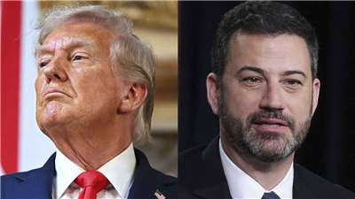美國總統川普(左)對脫口秀主持人吉米金摩(Jimmy Kimmel，右)戲稱第一夫人梅蘭妮亞為「準寡婦」極為不滿。資料照片。