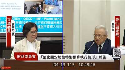 央行副總裁嚴宗大13日指出，央行貨幣政策核心關注指標為國內物價的通膨情況，並以2%作為警戒線。(圖翻攝自國會頻道)