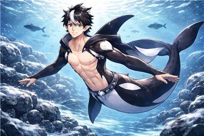 AI繪製的虎鯨神化形成人的模樣