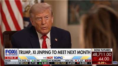 美國總統川普(圖)在接受福斯財經新聞網(Fox Business)專訪時表示，習近平已承諾不會提供伊朗武器。(翻攝YT/@FoxBusiness)
