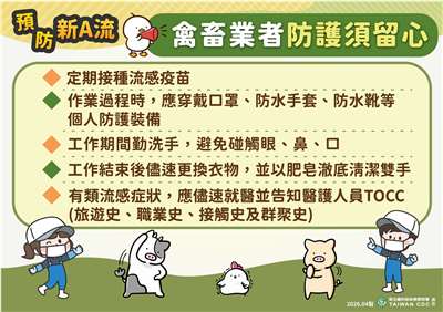 疾管署呼籲禽畜業者加強防護預防新A流。(疾管署提供)