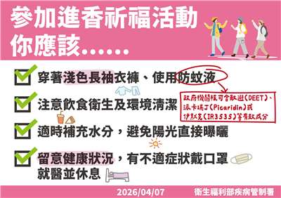 疾管署9日呼籲民眾參加白沙屯媽祖進香應注意飲食衛生與防蚊。(疾管署提供)