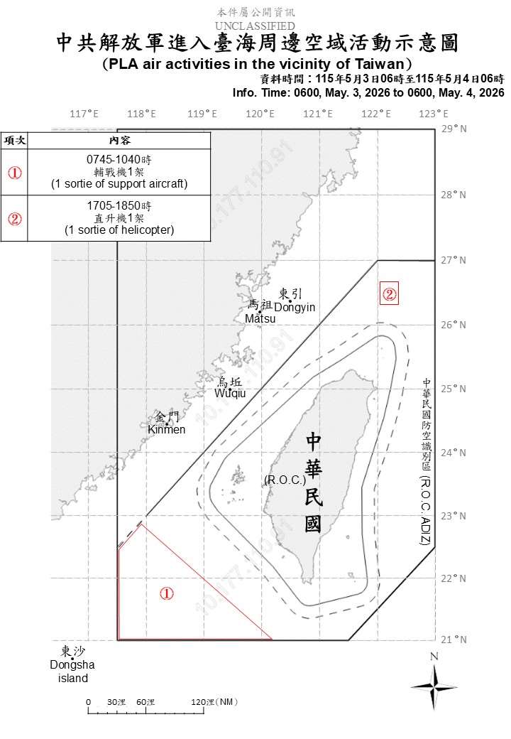 國防部今天(4日)公布統計自昨天(3日)上午6時起至今天上午6時止，共軍在台海周邊活動情況。(國防部提供)
