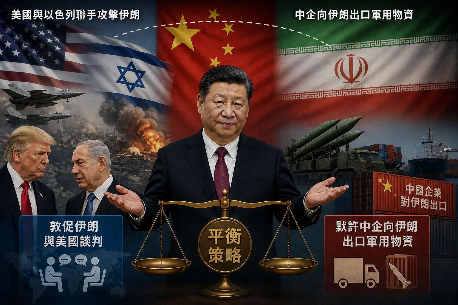 美媒報導，中國其實正尋求在美國和伊朗之間兩頭獲益，一方面敦促伊朗與美國談判，另一方面卻默許中企向伊朗出口軍用物資，因此採取了平衡策略。(示意圖/AI生成)