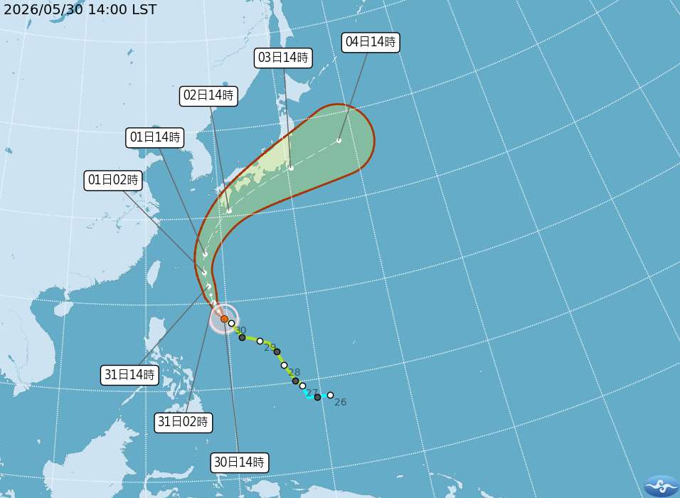 颱風薔蜜最快30日晚間升級為中度颱風，並往日本方向前進。(圖：中央氣象署)