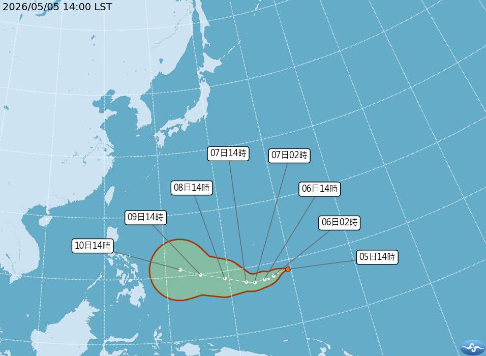 中央氣象署5日發布熱帶性低氣壓生成訊息，目前熱帶低壓位於關島附近海面，預估會持續朝西行進，週末前後在菲律賓東南方海面，移動的過程中有機會增強。(圖：中央氣象署)